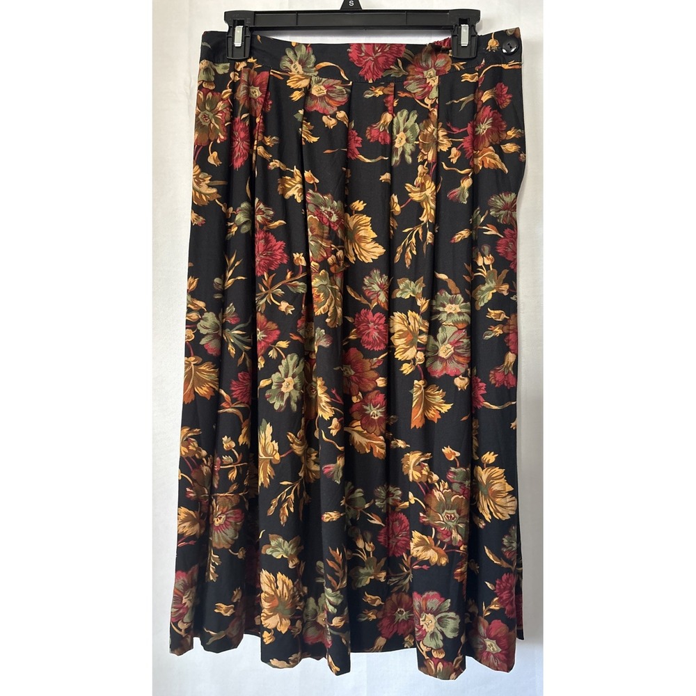 VTG Worthington MIDI Skirt Sz 14 Dark Floral Rayon Made in‎ USA Pleated Academia